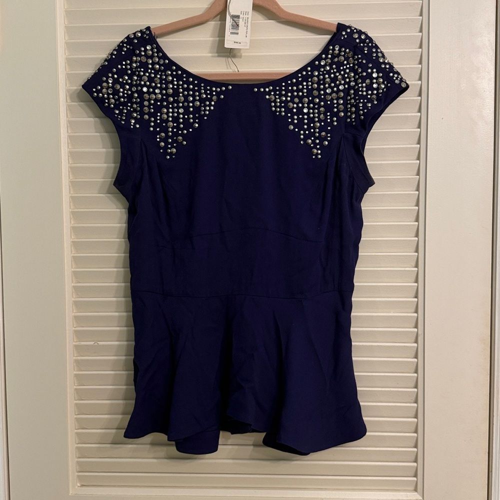 Rebecca Taylor Navy Beaded Studded Rhinestone Crepe Peplum Top Size 12